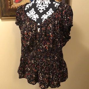 Old Navy Boho floral elastic collar & waist, tie v-neckline puff cap sleeve top